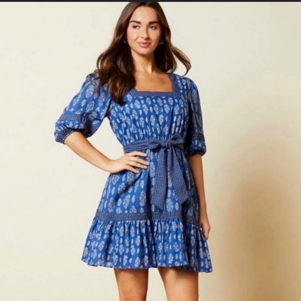 a loves a Blue Square Neckline Block Print Dress